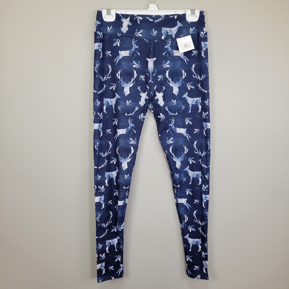 Watercolor Deer Polyester Spandex Wide Waistband Navy Leggings One Size Fits All
